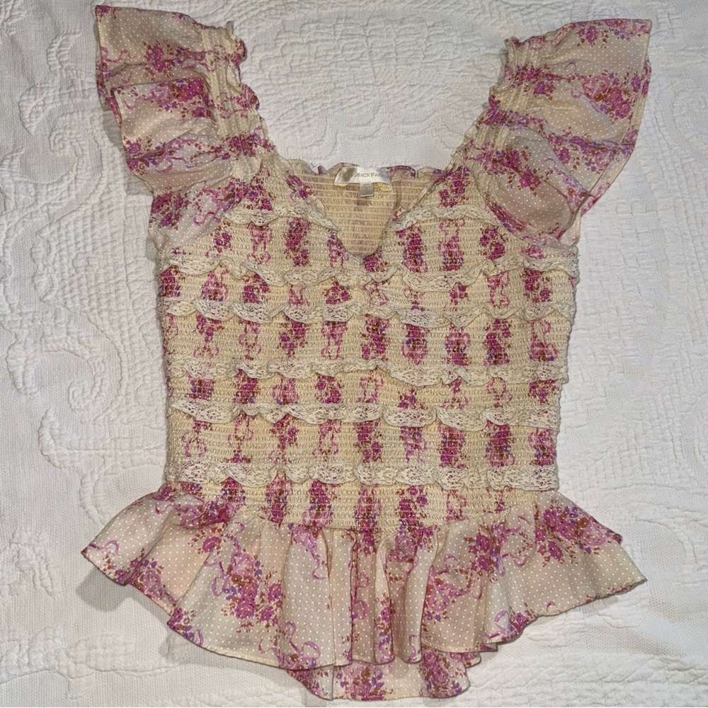 LoveShackFancy Compass Top French Lilac Ruffle Smocked Cotton Blouse Size Small